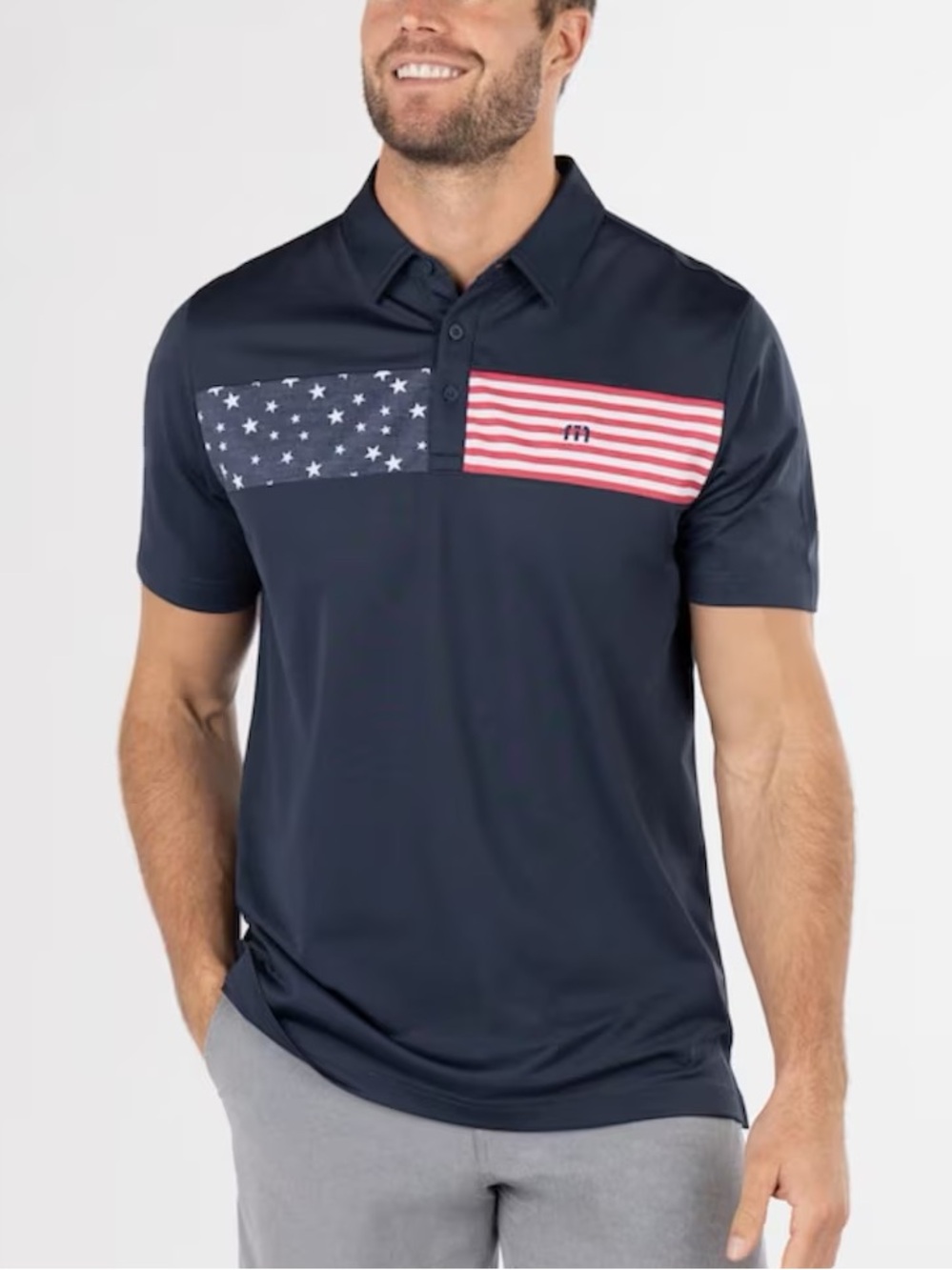 Travis Mathew Men L Navy Blue Short Sleeve Sea To Sea Americana Golf Polo Shirt